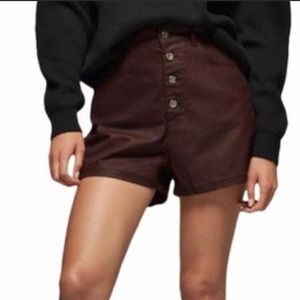 Zara Coated Denim Burgundy Colored High-Waisted Button Front Shorts